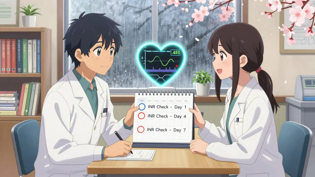 Doctor and patient smiling at a consultation table with a calendar showing INR check dates.