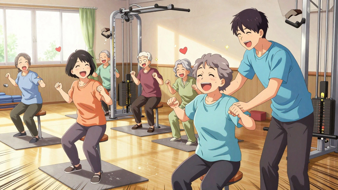 Group of older adults smiling during strength training class at community center