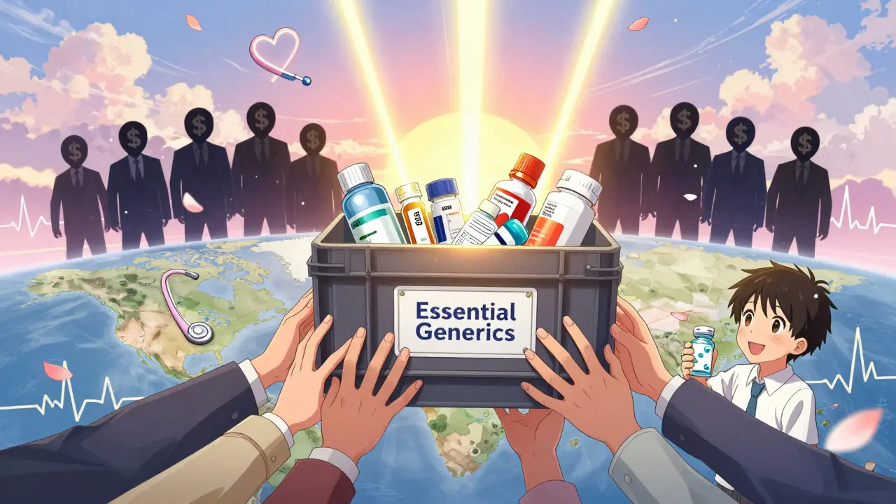 Hands from different states lifting a crate of essential generic medicines under a sunrise