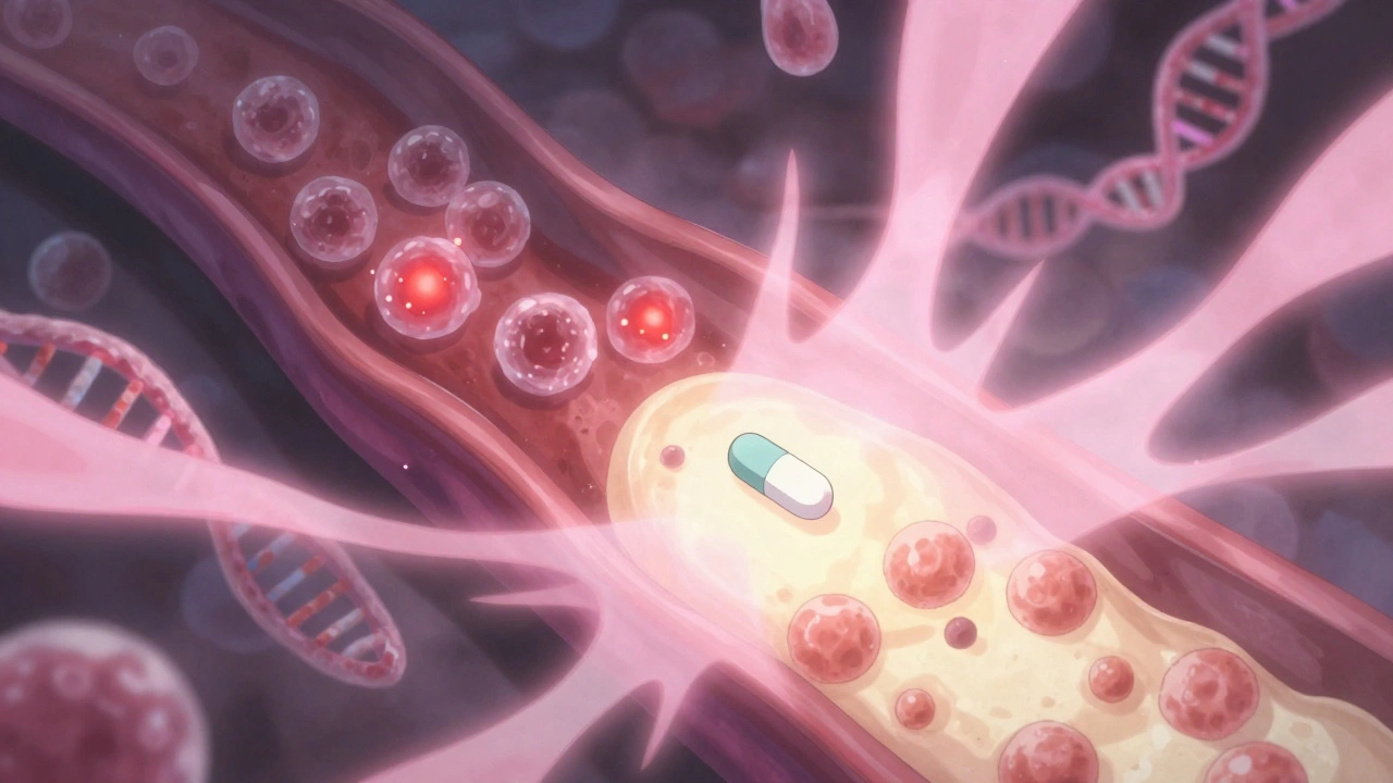 Inside a joint, a pill emits pink energy that silences glowing inflammatory signals, while healthy tissue glows warmly.