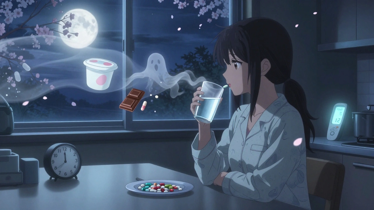 Nighttime dose taken after a 4-hour fast, with moonlight and floating supplements dissolving as TSH stabilizes.