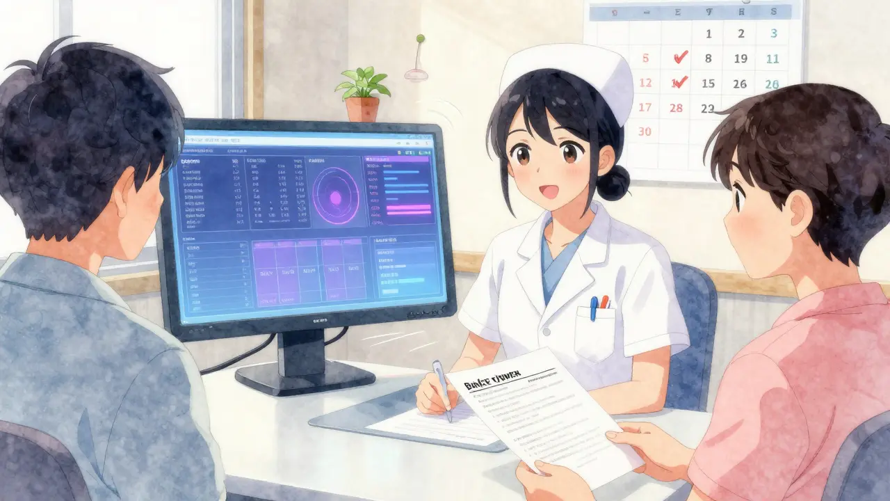 Nurse reviewing real-time PDMP data on an EHR screen as a patient receives their care plan.