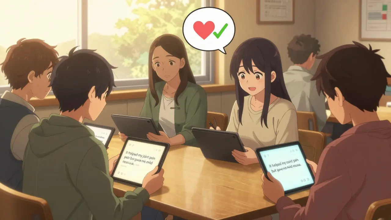 People exchanging honest feedback about medication samples in a cozy lounge, with glowing review screens and heart-shaped icons.