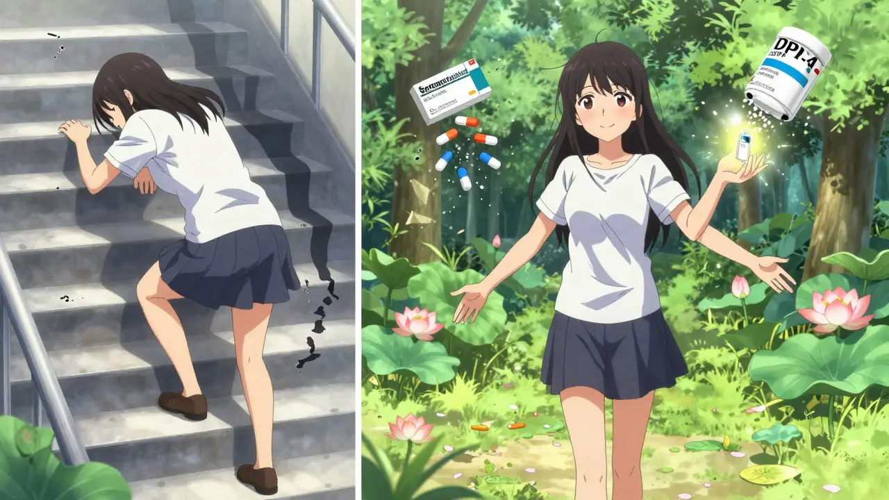 Split image: woman in pain climbing stairs vs. same woman walking freely in a park, broken pills turning to flowers.