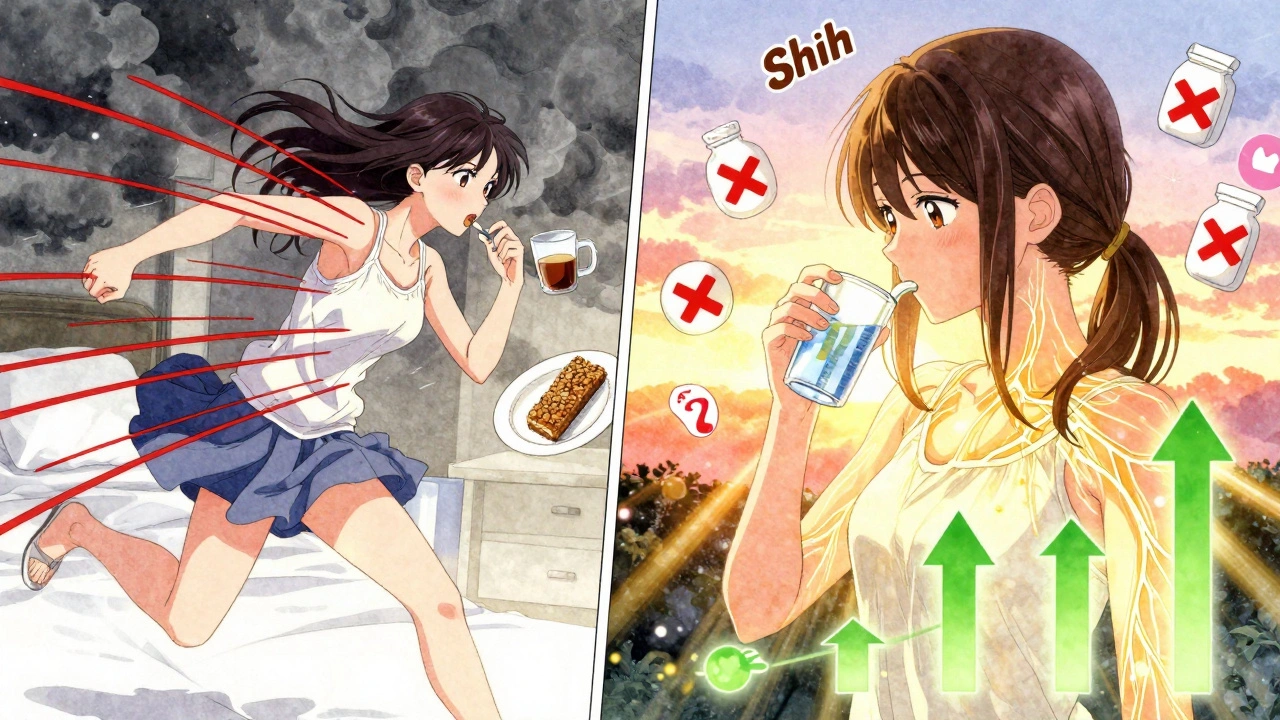 Split scene showing chaotic morning pill-taking vs. calm, correct routine with glowing energy pathways and warning symbols.