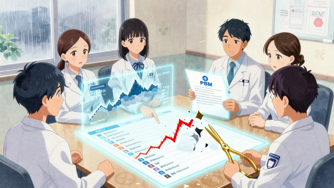 State officials reviewing a glowing MAC price list with holographic spikes and tearing a PBM contract