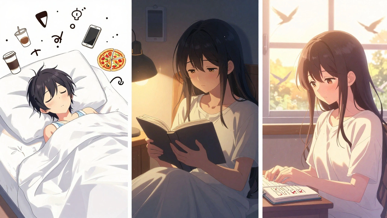 Three-panel progression: tired person with chaos, calm reader with phone away, radiant person waking naturally at sunrise.