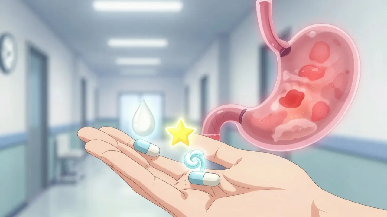 Three pills dissolving into symbols of lactose, dye, and solvent, with a glowing stomach showing irritation.