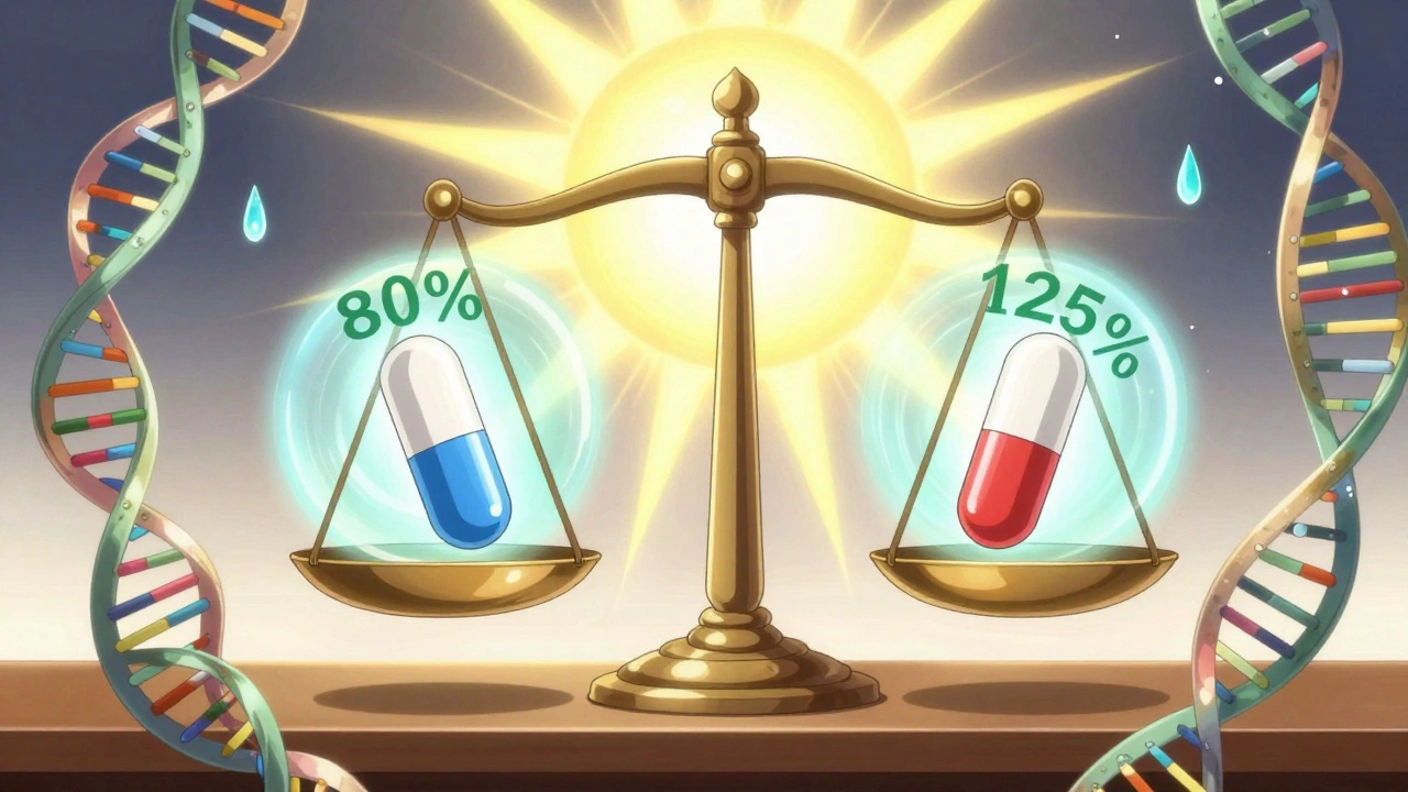 Two drug capsules balance on floating scales, surrounded by numerical halos and DNA vines under a radiant sun.