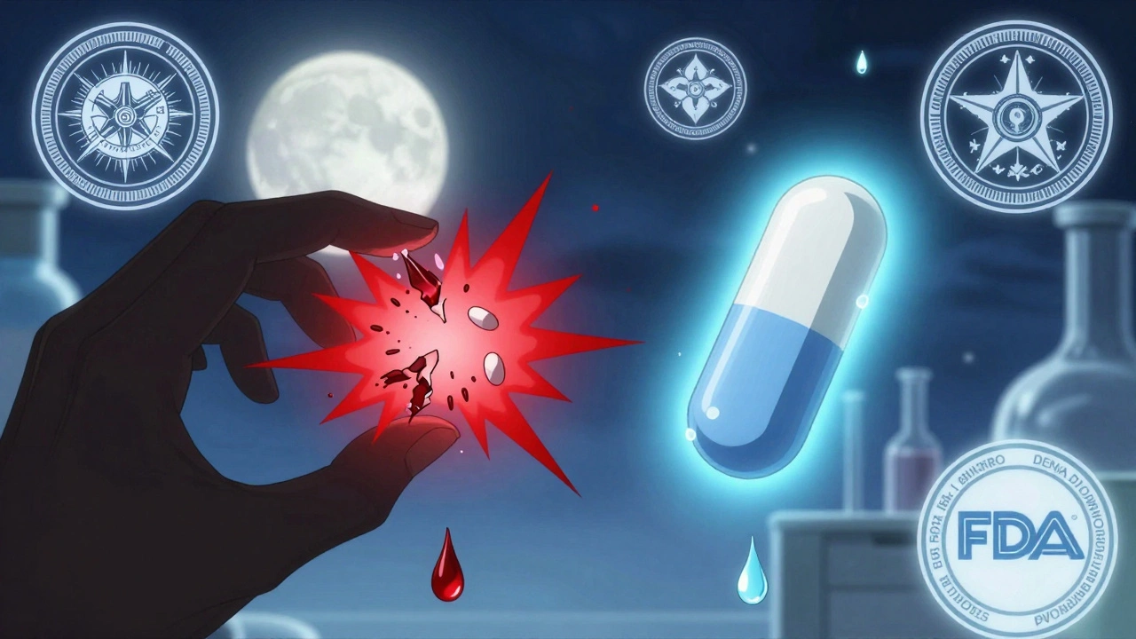 Two pills—one crushed, one intact—releasing contrasting drug patterns in a moonlit lab.