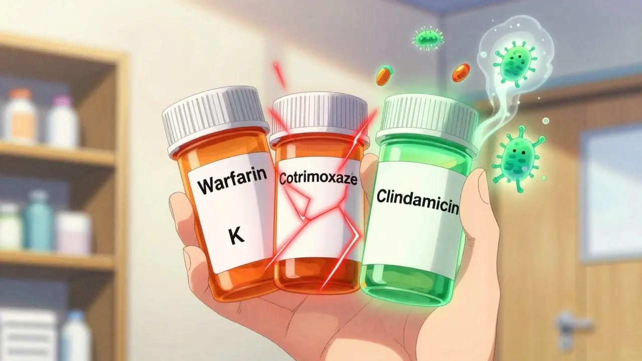 Warfarin and cotrimoxazole bottles with warning energy lines, clindamycin glowing green beside them.