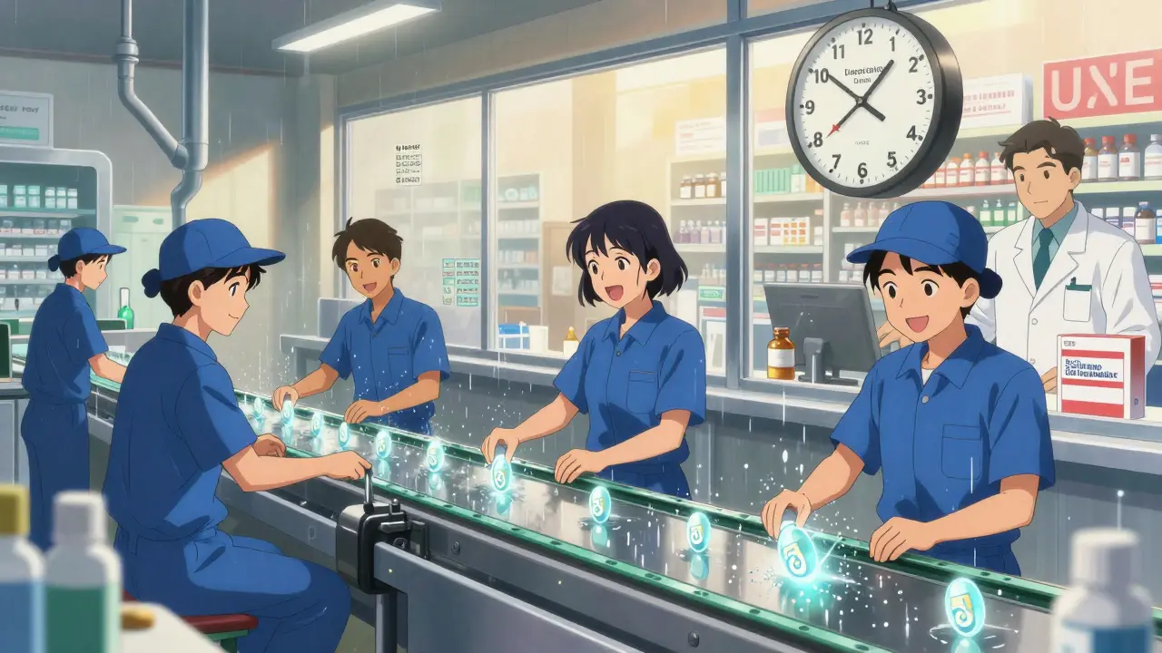 Workers in a glowing factory see pills flow like rain, while a pharmacist reaches for a generic bottle beside a brand-name box.