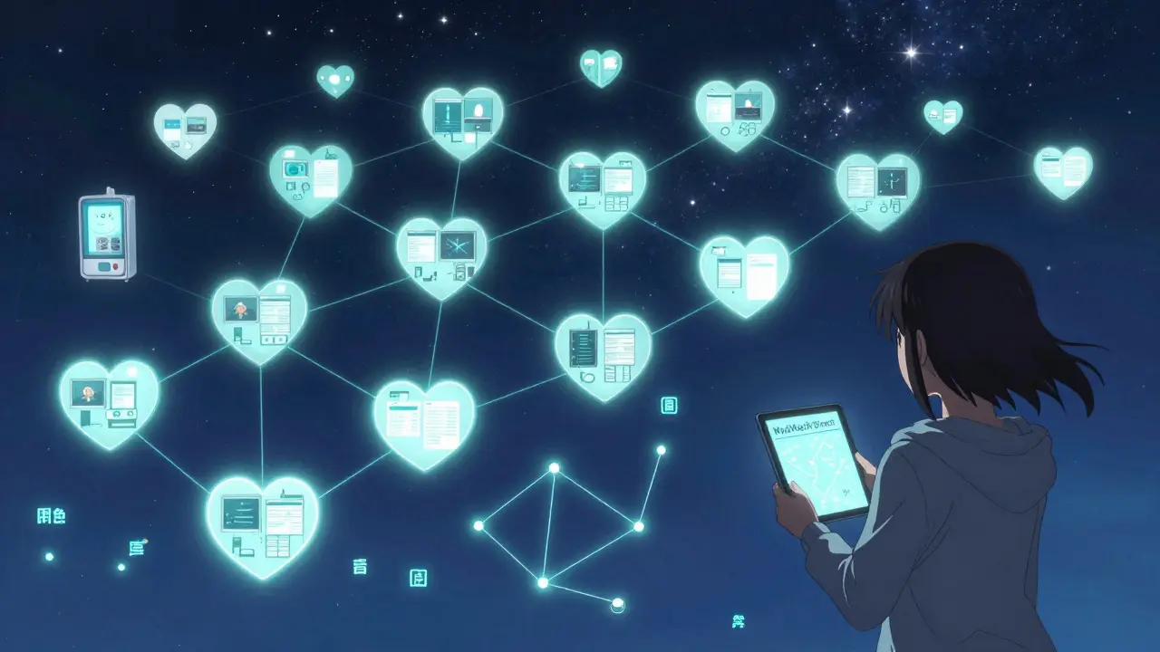 A digital network of patient reports glowing in the night sky as AI analyzes them with a girl holding a tablet.