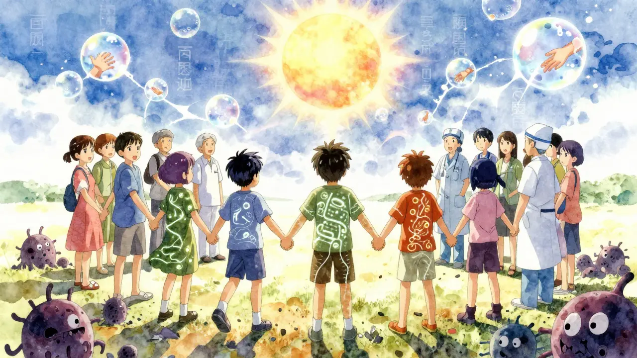 A diverse group holding hands as healthy bacteria glow around them, destroying spore monsters under a rising sun.