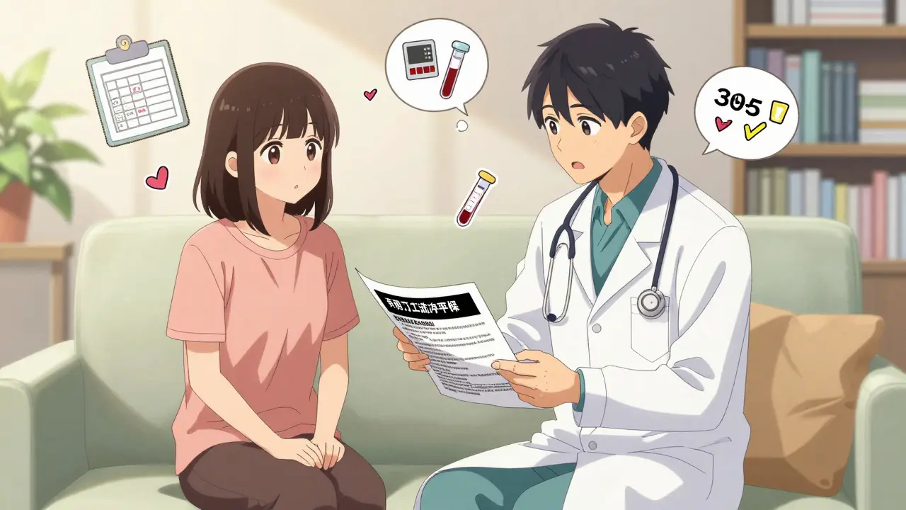 A doctor and patient review a medication leaflet together, calm and understanding in a sunlit clinic.