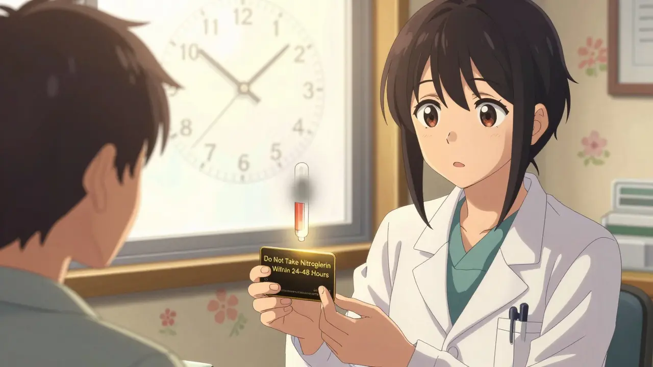 A doctor gives a patient a warning card with timing instructions for safe medication use.