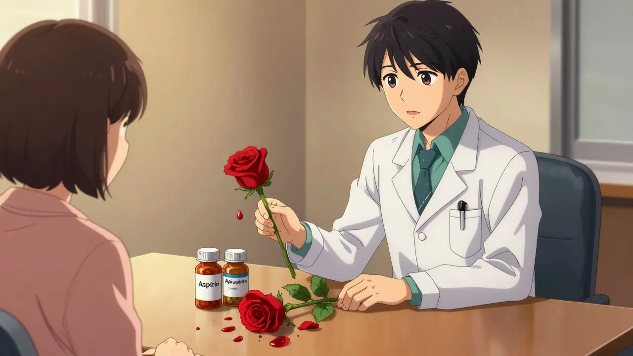A doctor places a wilting red rose beside two pill bottles, petals turning to blood droplets in a quiet consultation room.