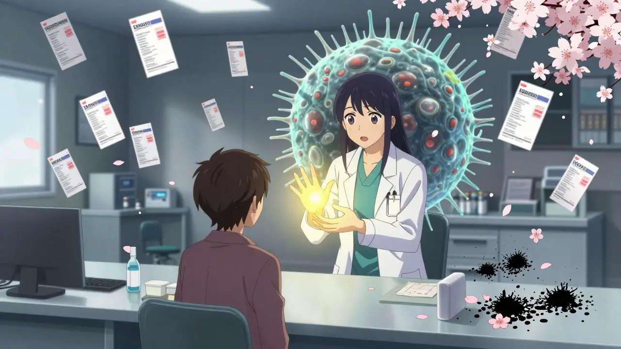 A doctor refusing antibiotics as a giant C. difficile spore looms behind them, cherry blossoms turning black in the clinic.