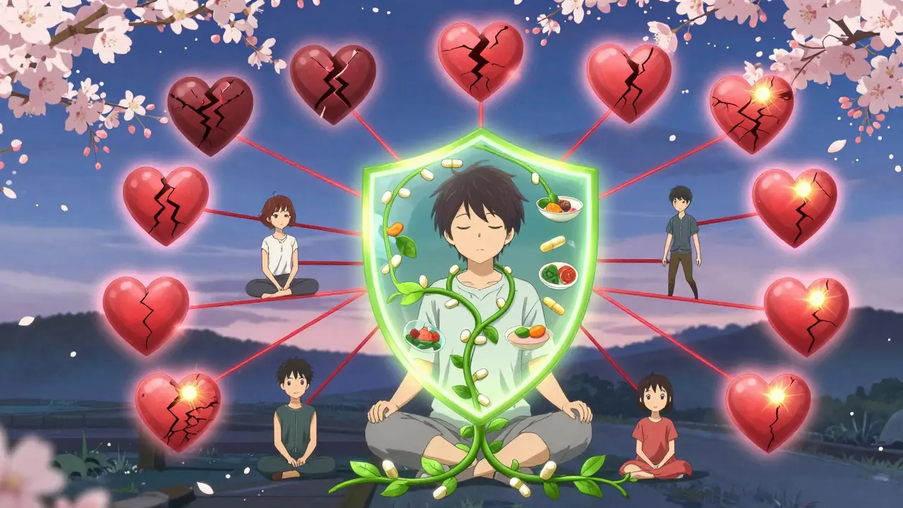 A family tree with red risk lines, shielded by a green vine of healthy habits and glowing hearts.