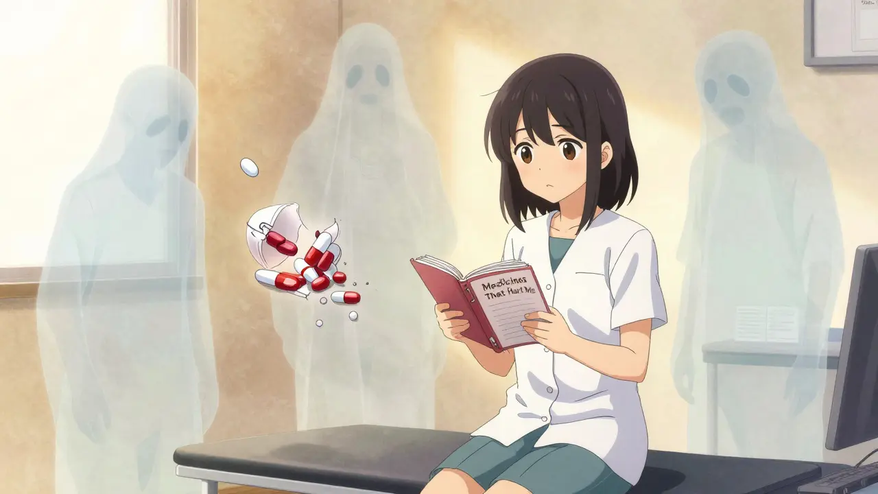 A girl in a doctor's office surrounded by ghostly antihistamine pills, holding a symptom diary.