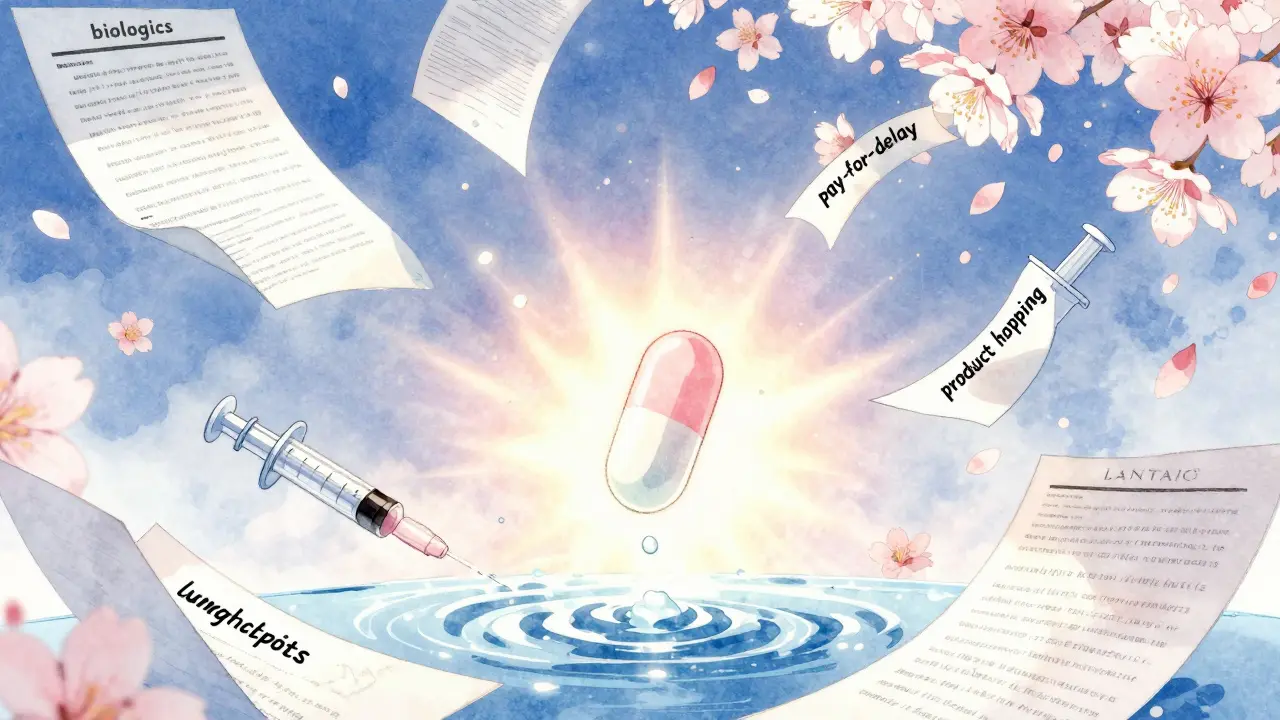 A glowing pill dissolves in water surrounded by floating patent fragments and symbolic medical devices.