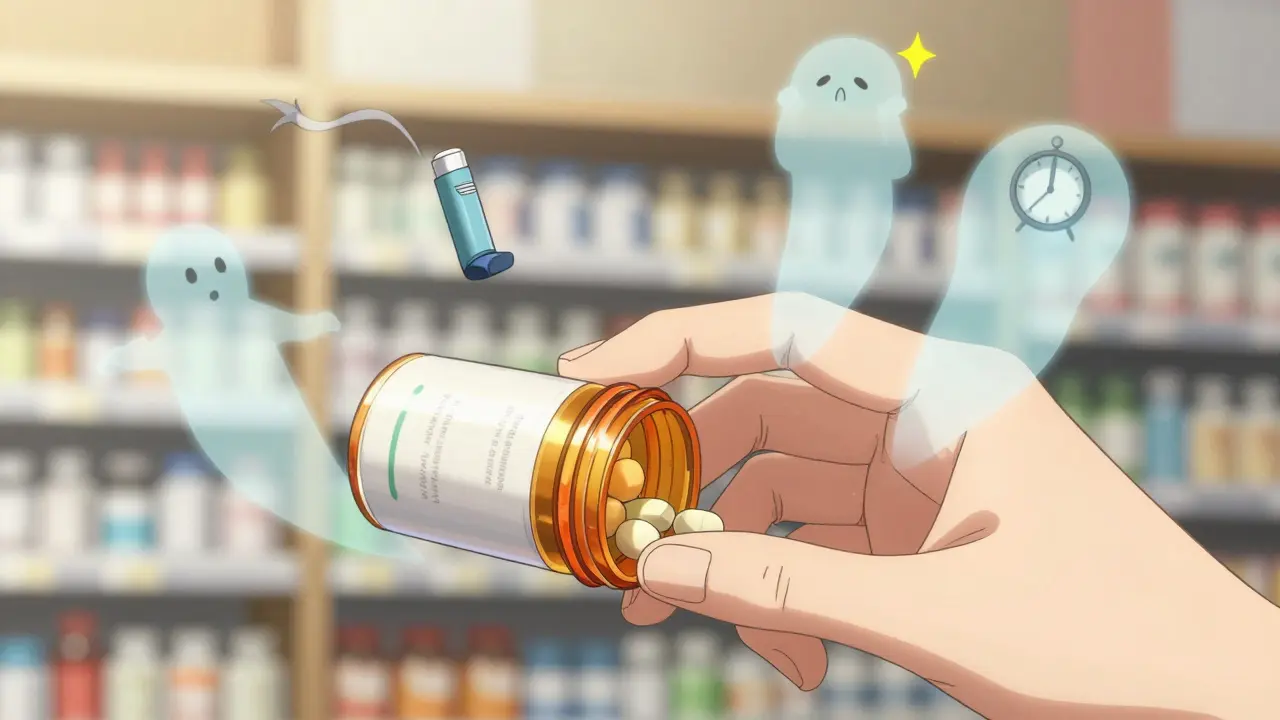 A hand opens a pill bottle as ghostly inactive ingredients float out, triggering health symptoms.