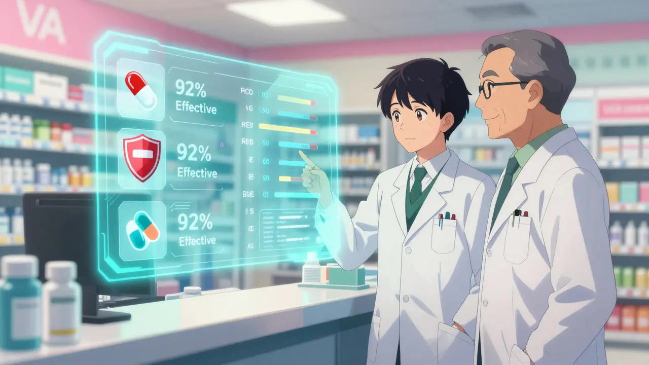 A holographic chart shows generic drugs as superhero shields, comparing effectiveness with a doctor.