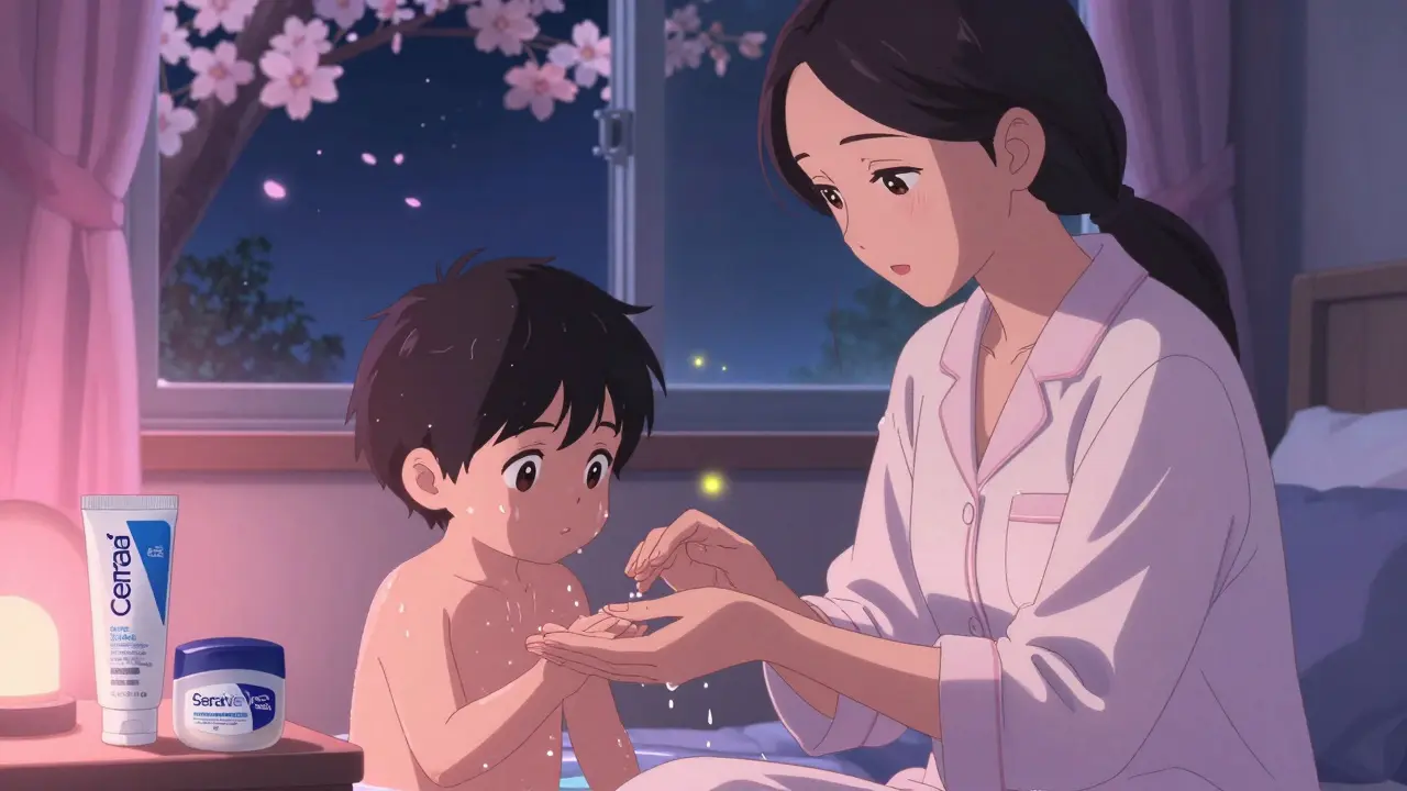 A mother gently applying emollient to her child’s damp skin at night, with glowing moisture droplets and warm pink lighting.