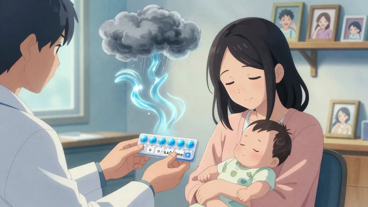 A mother receives a short-term depression treatment from her doctor while holding her baby, surrounded by calm light.