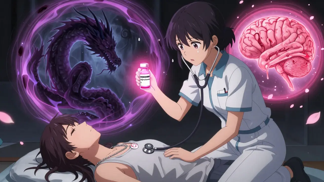 A paramedic administers a glowing antidote to a collapsed patient, while portals show a clot dragon and dissolving brain, illuminated by medical alert jewelry.