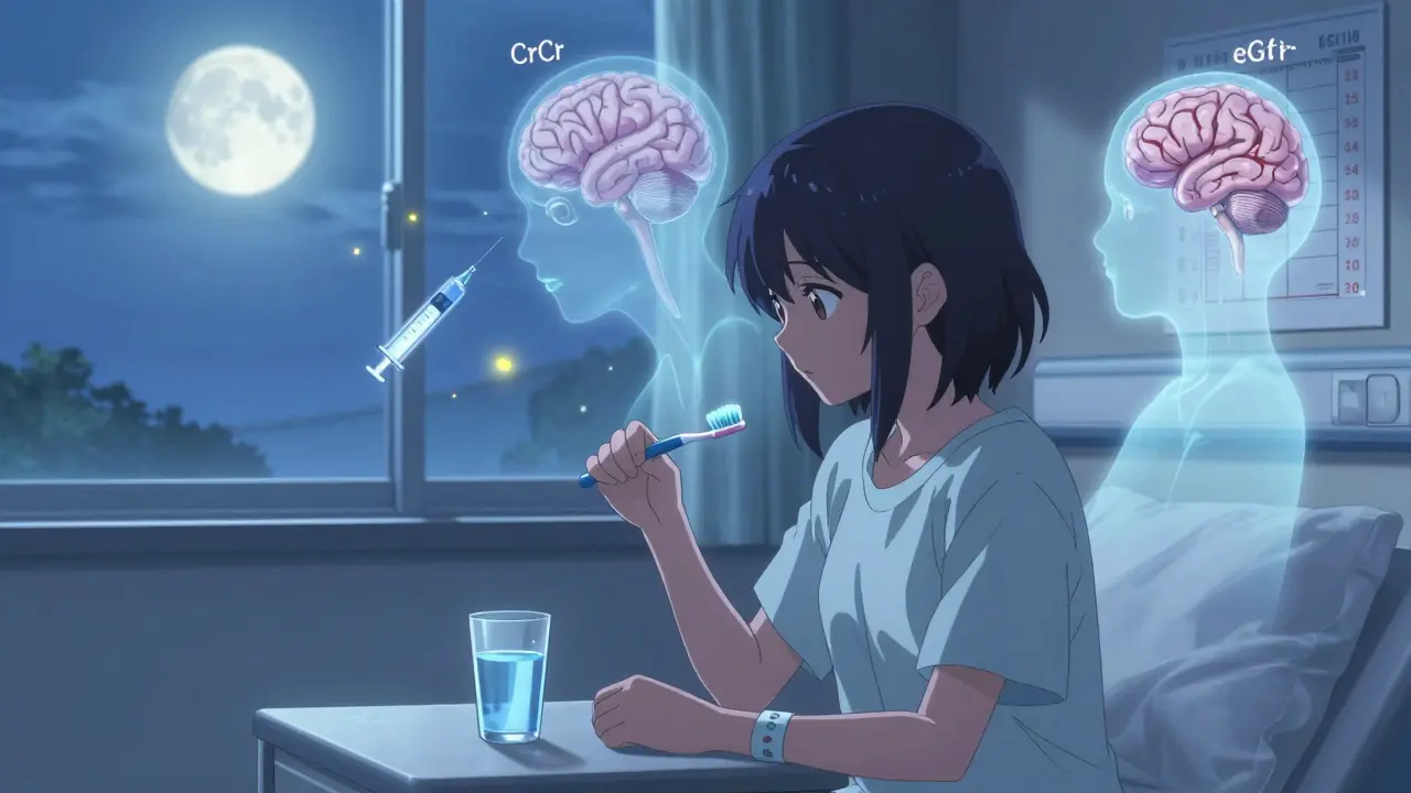 A patient in a hospital room gently uses a soft toothbrush, with floating kidney function numbers and a fading brain bleed ghost in the background.