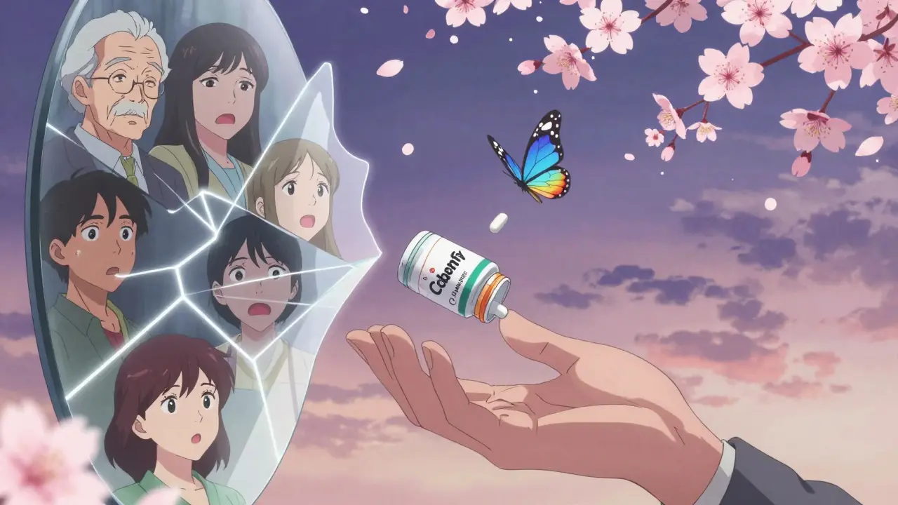 A pill bottle transforming into a butterfly, reflecting diverse faces connected by neural pathways.