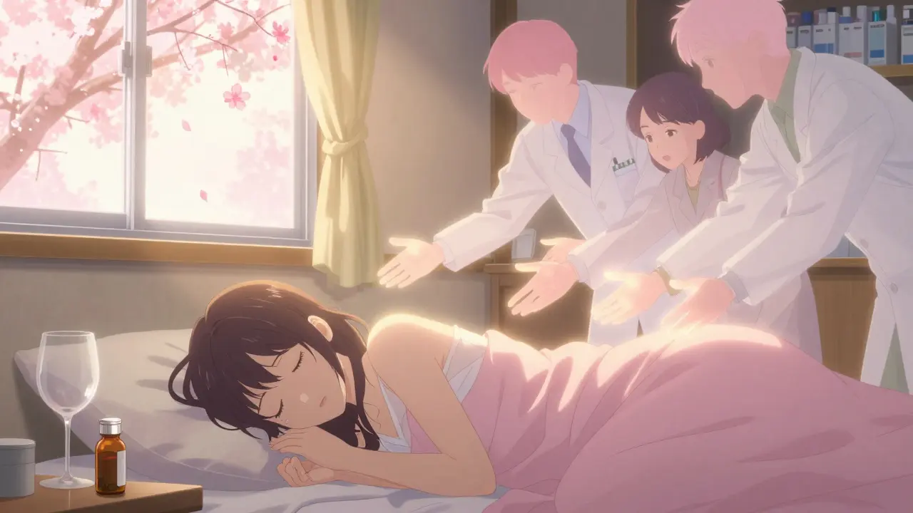 A sleeping woman is gently watched over by spectral figures, a cherry blossom drifting above her bed.