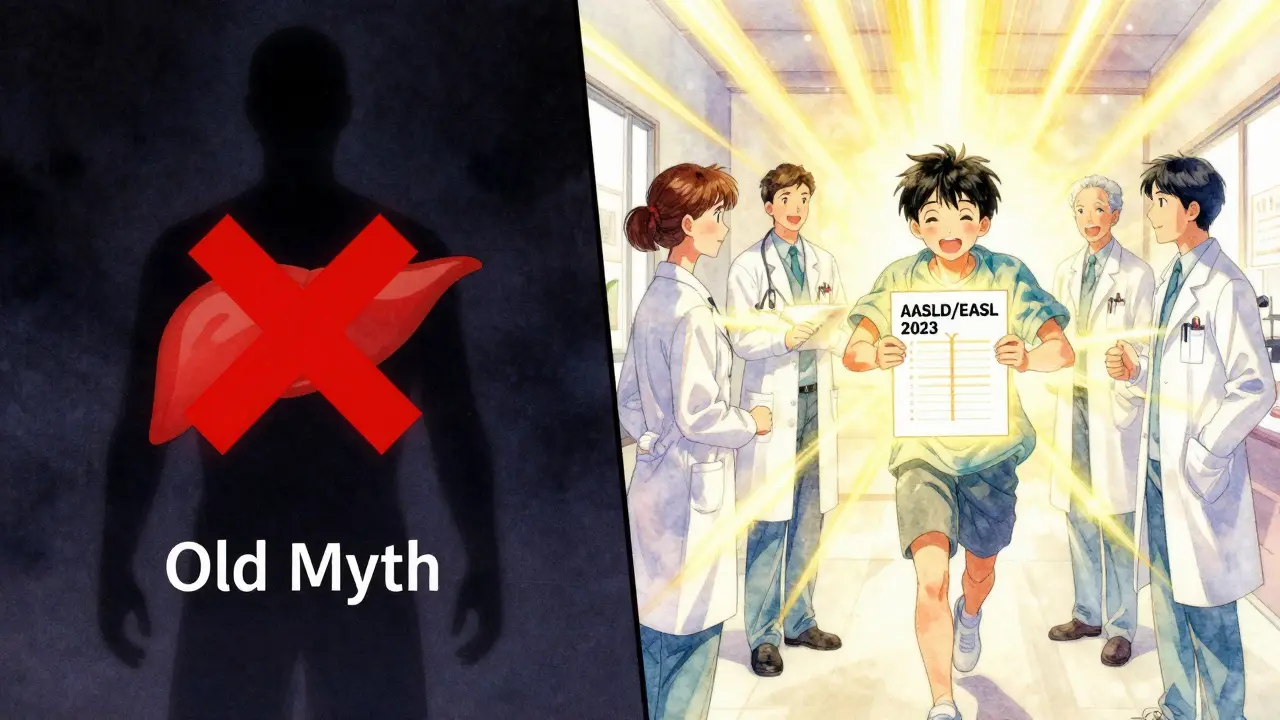 A split scene: an old myth with an X fades away as medical guidelines shine brightly over a smiling patient jogging.