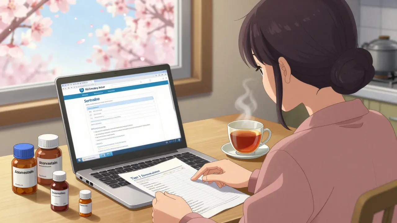 A veteran reviews her VA formulary on a laptop with daily medications neatly arranged nearby.