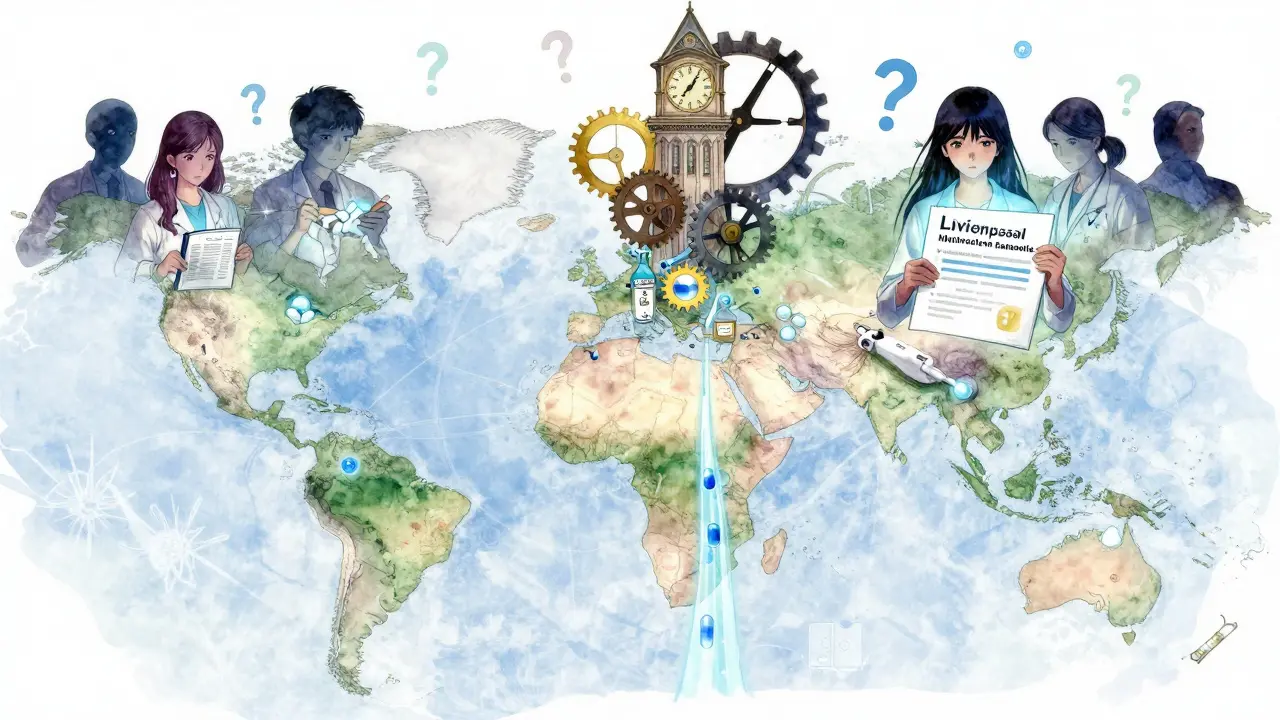 A watercolor map with HIV pills flowing into clinics as a broken clock rebuilds above.