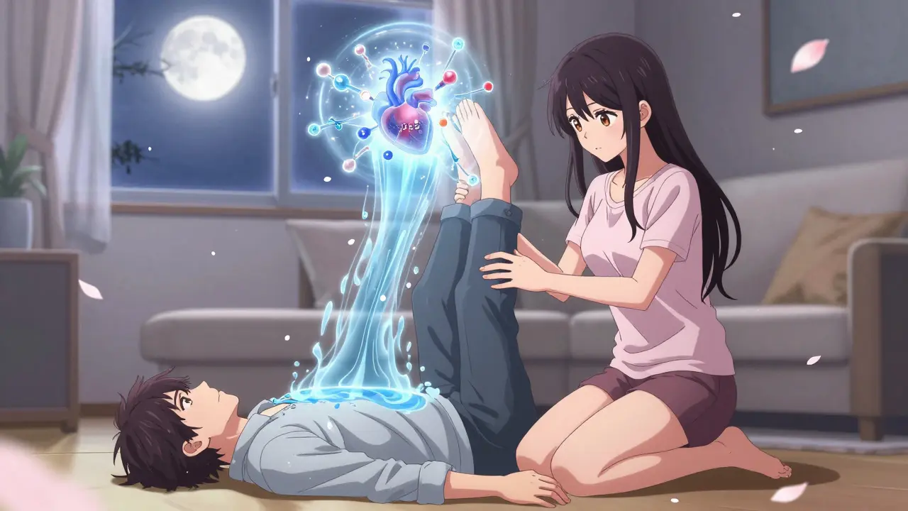 A woman lifts a man's legs to help him after a dangerous drug reaction, with glowing fluid flowing upward.