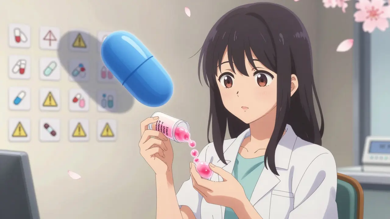 A woman watching estrogen molecules fade as a blue HIV pill casts a shadow over warning symbols.