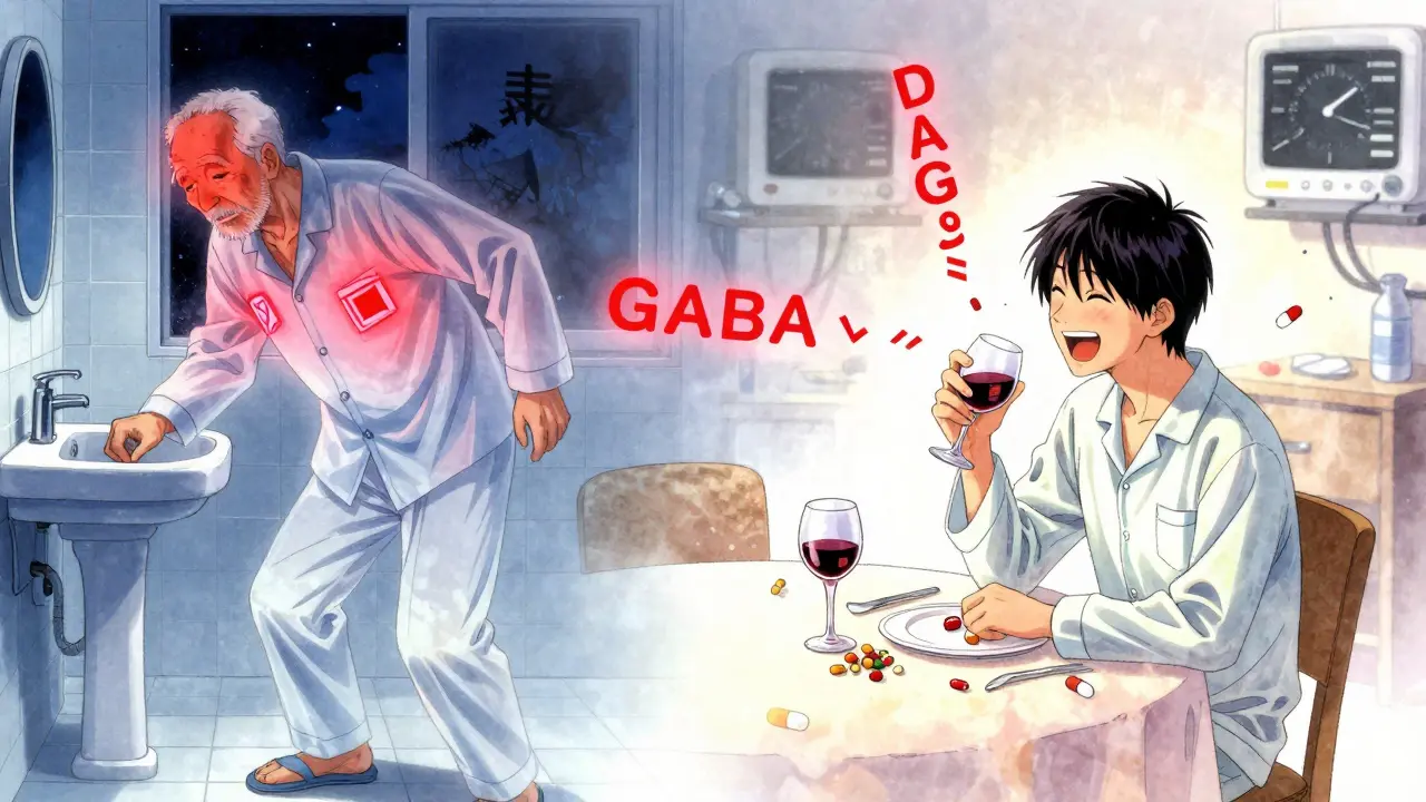 An elderly man stumbles at night as glowing warnings hover over him, contrasted with his past self.