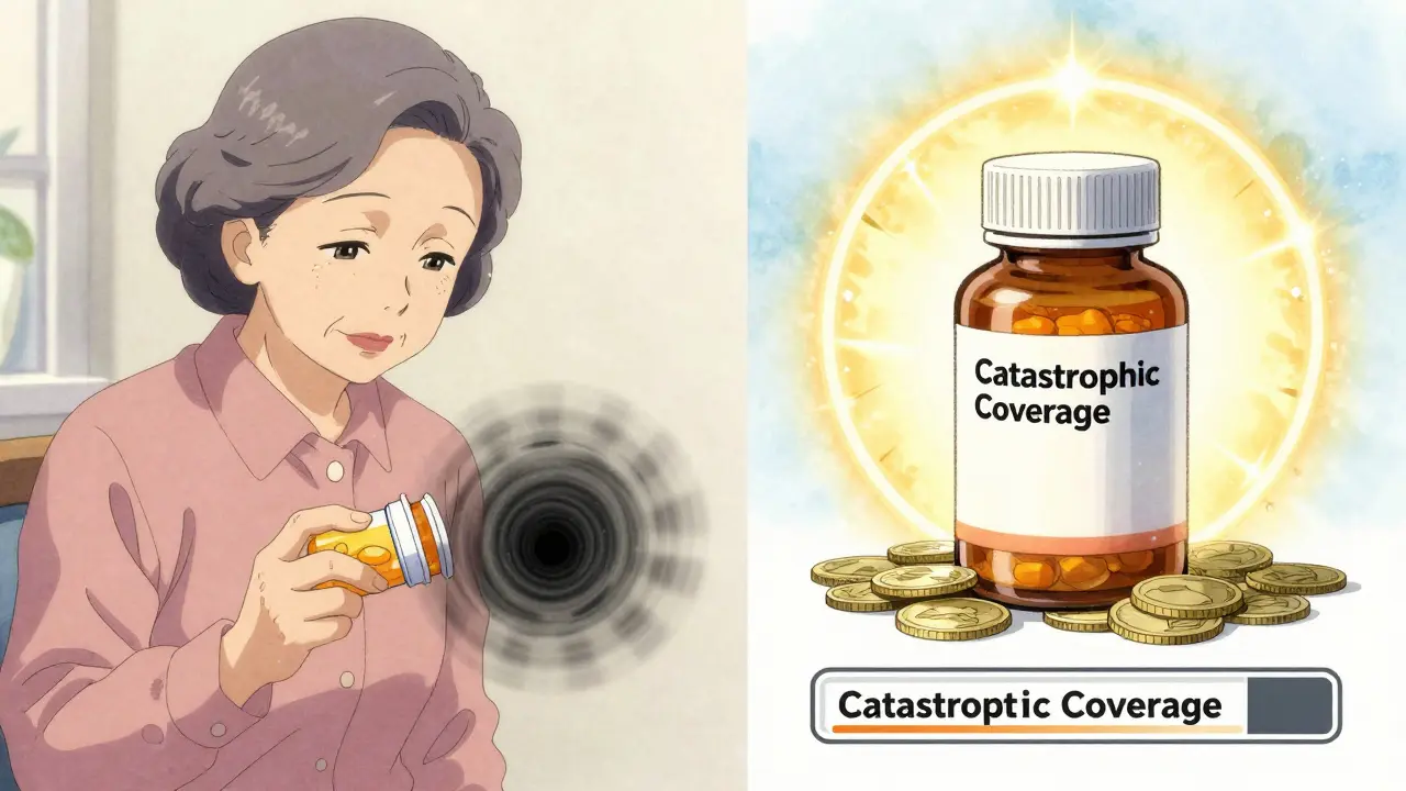 An elderly patient caught in a financial vortex while taking generics, versus a brand-name drug with a discount halo.