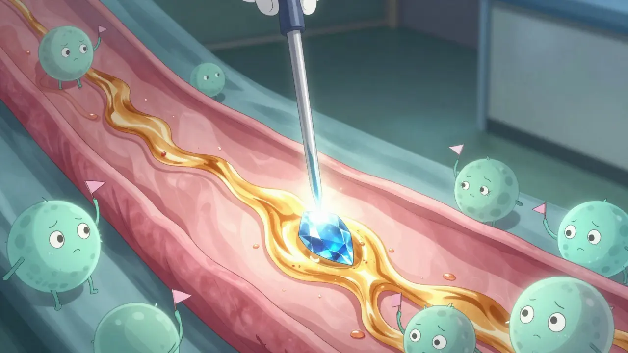 Anime-style bile duct with glowing stone blockage and friendly bile cells.
