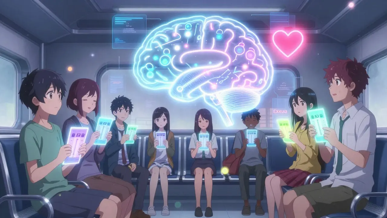 Diverse individuals view personalized brain maps showing their ideal antidepressant, glowing with colored light.