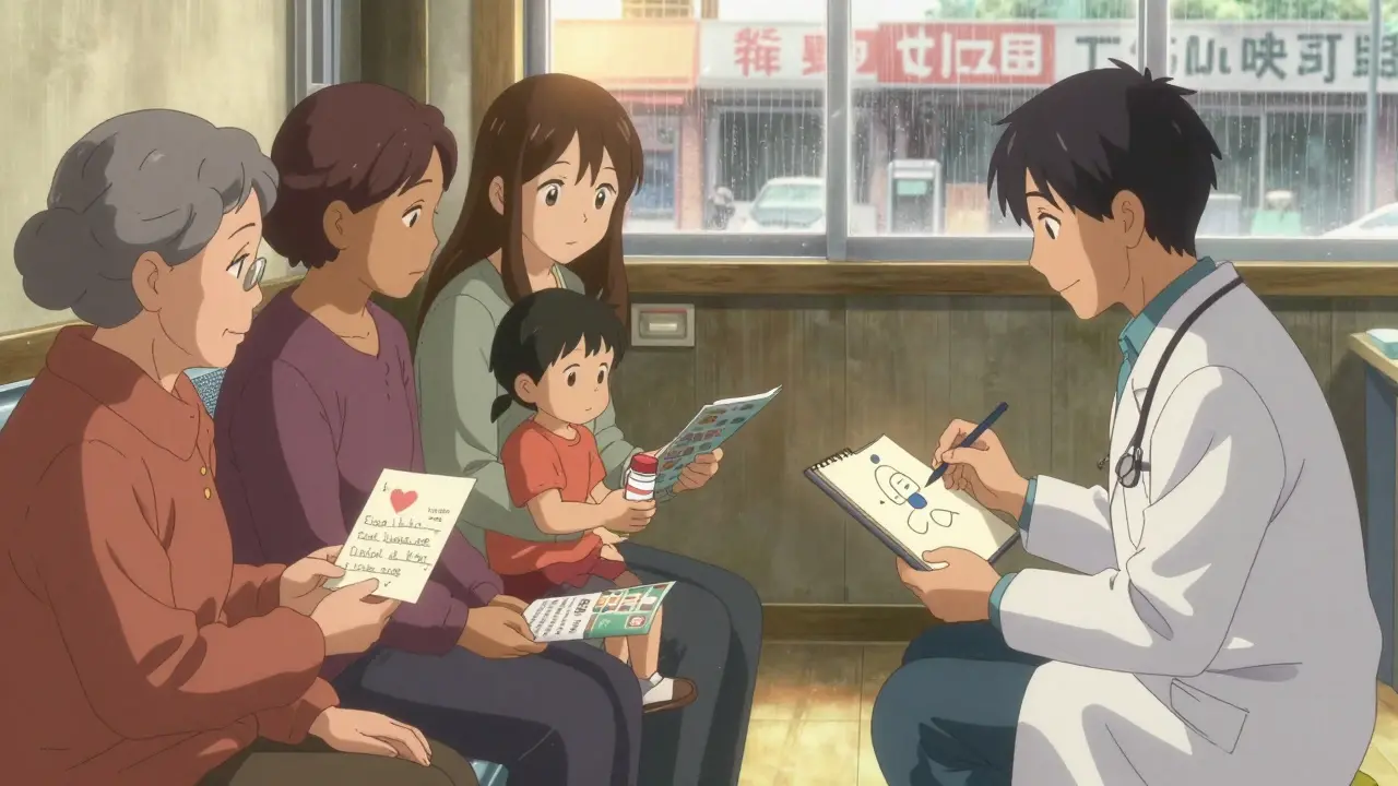 Doctor draws a simple pill diagram for a diverse group of patients in a rural waiting room, holding translated notes.