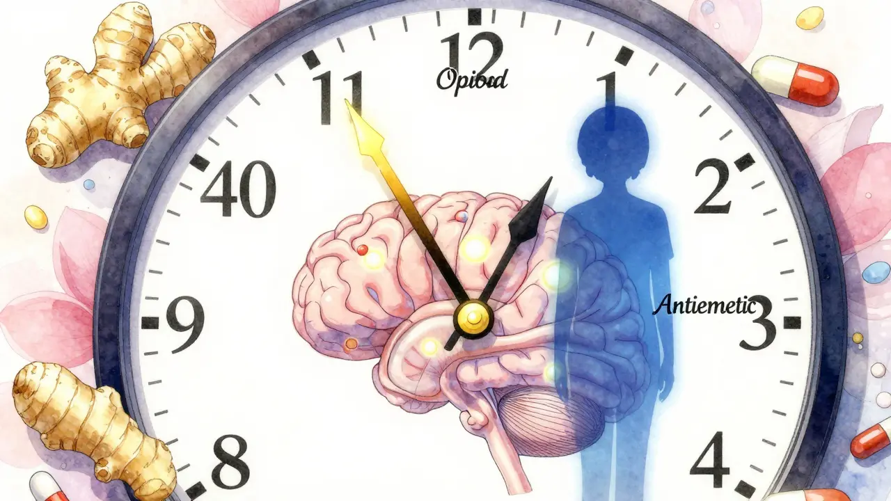 Dreamlike clock showing antiemetic timing ahead of opioid dose with floating ginger and pills.