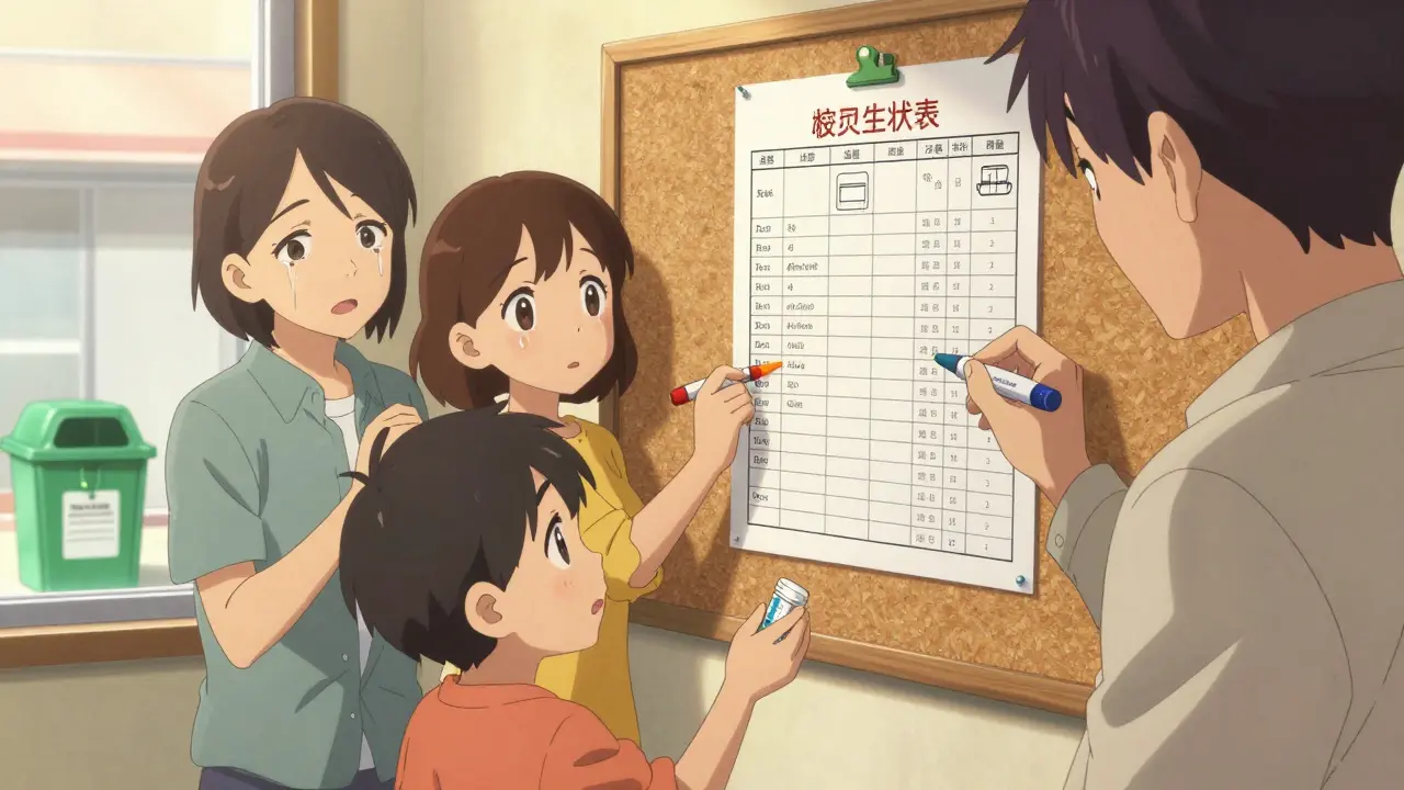 Family updating a medication log together with colored markers, child handing expired pill for disposal.