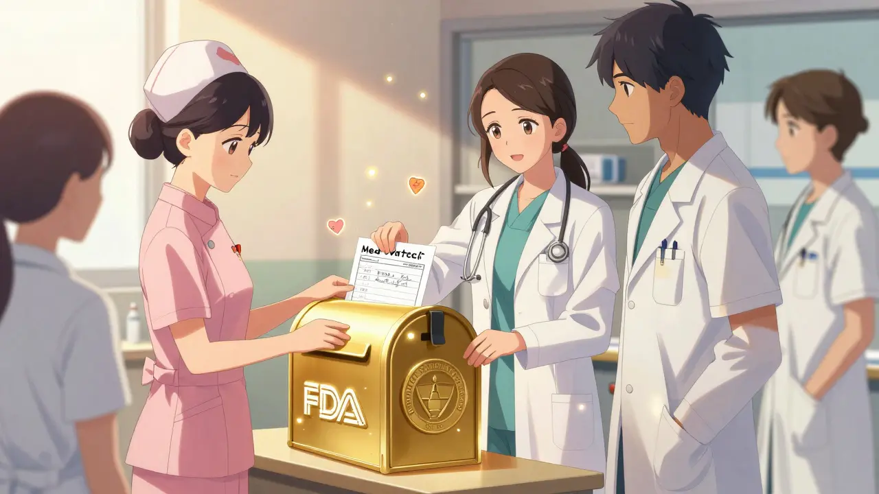 Healthcare workers placing MedWatch reports into a glowing FDA-shaped mailbox in a warm hospital break room.
