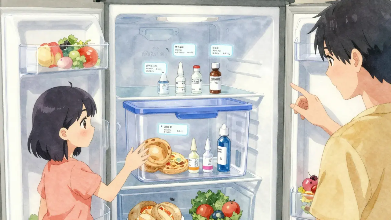 Locked medication container in fridge center shelf while others reach for food on the door.