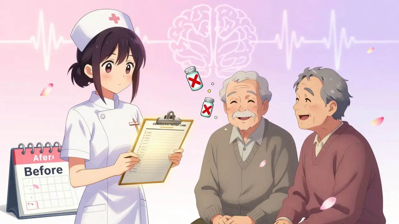 Nurse holds a glowing checklist as elderly patient smiles again, dissolving pill bottles turn into petals in the background.