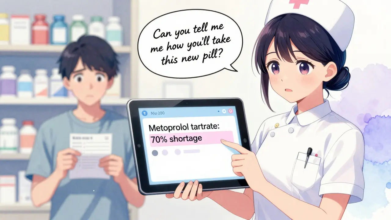 Nurse shows a drug shortage alert on a tablet while a patient holds a prescription, looking confused.