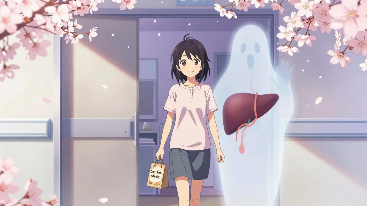 Patient walking out of hospital, gallbladder ghost waving goodbye.